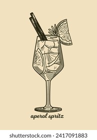 Hand drawn alcoholic cocktail. Retro poster with glass of Italian Aperol Spritz with wine and prosecco. Vintage sketch with delicious beverage. Linear flat vector illustration isolated on background