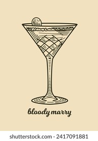 Hand drawn alcoholic cocktail. Vintage poster with classic Bloody Mary beverage. Retro sketch for bar or cafe menu. Design element for print. Linear flat vector illustration isolated on background