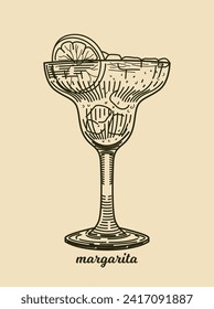 Hand drawn alcoholic cocktail. Vintage poster with glass of margarita beverage. Retro sketch with tequila and liqueur. Design for bar menu. Linear flat vector illustration isolated on background