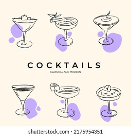 Hand drawn alcoholic cocktails cocktails. Vintage glasses with liquors and alcoholic drinks, summer drinks sketch menu. Vector tropical vintage beverages illustrations set