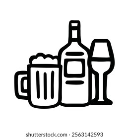 Hand drawn alcoholic drinks with wine and beer Icon Hand Drawn Black and White Thick Lines