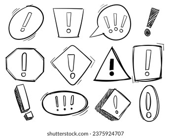 Hand drawn alert sign set. Scribble doodle exclamation point, warning sign