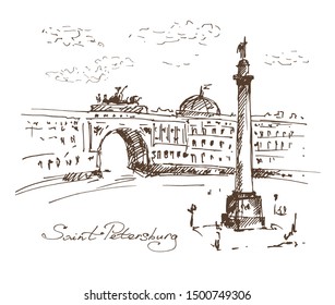 Hand drawn Alexander Column on Palace Square, Saint-petersburg, Russia. Vector illustration. Sketch.