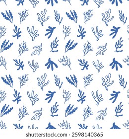 Hand drawn algae and seaweed seamless pattern