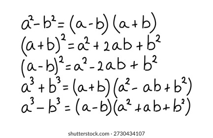 Conjunto de fórmulas e identidades de álgebra dibujadas a mano. Ecuaciones matemáticas Básicas