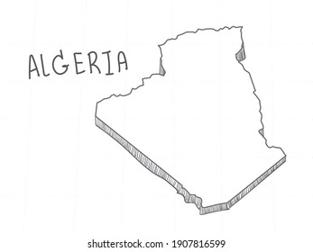 Dibujo a mano de Argelia Mapa 3D sobre fondo blanco.