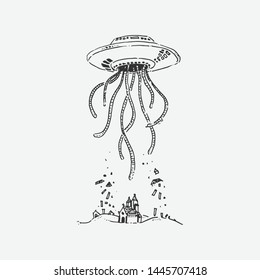 Hand drawn alien space ship. Retro style, Vintage style. Doodle line graphic design. Black and white drawings, Vector sketch. - Vector