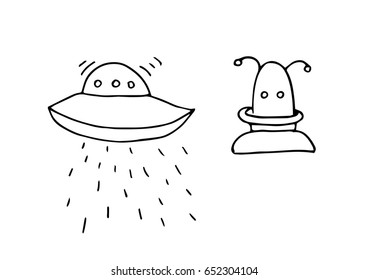 Hand drawn alien, UFO. Linear space objects in doodle style. Vector illustration