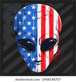 Hand drawn Alien's head character with USA flag pattern for American independence day, Veterans day, 4th of July and memorial day