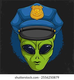 Hand drawn Alien's head character, extraterrestrial creature UFO figure wearing police officer cap