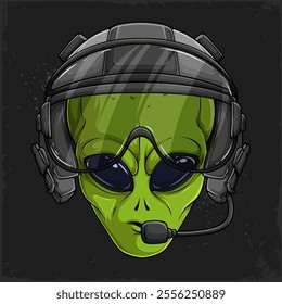 Hand drawn Alien's head character, extraterrestrial creature UFO wearing military pilot helmet 