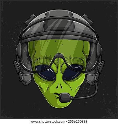 Hand drawn Alien's head character, extraterrestrial creature UFO wearing military pilot helmet 