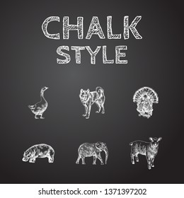 Hand drawn alive sketches set. Collection of hippo, dog, turkey and other sketch elements.