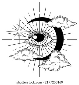 Hand drawn all seeing eye with clouds, moon and stars. Mystical magic vector illustration on white background. Celestial symbols. Spirituality. Tatoo. Astrology, alchemy, boho symbol. Moon pagan