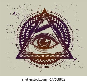 Hand drawn all seeing eye on the grunge background. Hypnotic circles with Symbol of freemasons. Gradient effect. Sketch of tattoo art. Vector isolated illustration. Design print for t-shirt.