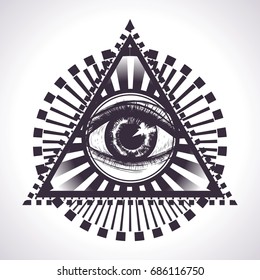 Hand drawn all seeing eye with hypnotic circles. Black and white vector isolated illustration. Sketch of tattoo. Print for t-shirt.