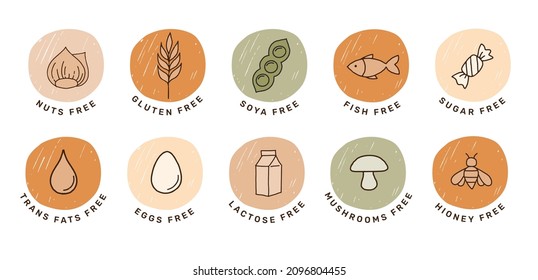 Hand drawn allergens icon. Collection of gluten free, fish, egg, nuts, soya, milk, dairy free icons, sticker and symbols