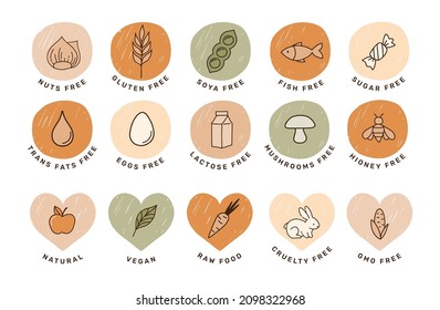 Hand drawn allergens icon. Collection of gluten free, fish, egg, nuts, soya, milk, dairy free icons, sticker and symbols