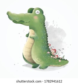 Hand Drawn Alligator With Mushroom Over His Back