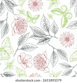 Hand drawn Almond Seamless pattern. Flowers, Branches with leaves and immature fruit. Floral background. Vector illustration.