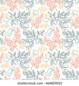 Hand drawn Almond Seamless pattern. Flowers, Branches with leaves and immature fruit. Floral background. Vector illustration.