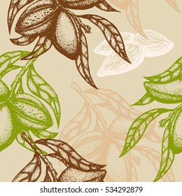 Hand drawn Almond Seamless pattern. Branch of almonds. Vector illustration