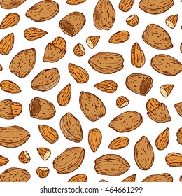 Hand drawn Almonds Seamless pattern. Nuts and kernels. Vector illustration
