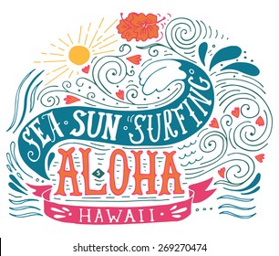 Hand drawn aloha print with a wave, sun, flowers and hand lettering