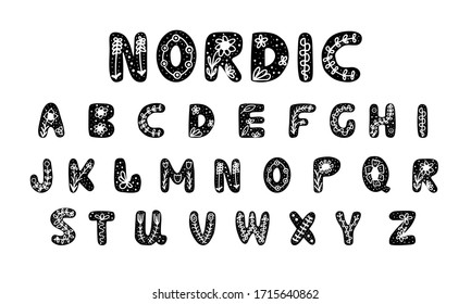 Hand drawn alpabet with nordic herbal elements on it. Cute letters in modern scandinavian style. Isolated on white background. Vector stock illustration.