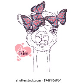 Hand drawn alpaca with butterfly Vector. Isolated objects for your design. Each object can be changed and moved.