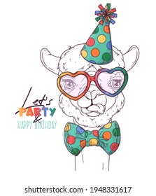 Hand drawn alpaca clown with accessories Vector. Isolated objects for your design. Each object can be changed and moved.