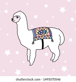 Hand drawn alpaca isolated on a white. Vector illustration. Hand drawn Peruvian animal, black and white doodle. Cute llama.