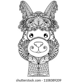 Hand drawn Alpaca vector doodle. Black and white lines.