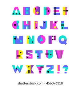 Hand Drawn Alphabet, Bright Colorful Creative Font In Retro Geometric 90s Style, Modern Art