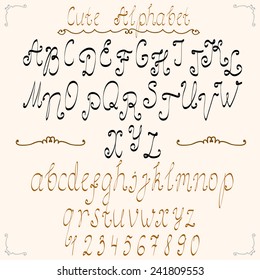 Hand drawn alphabet with calligraphic elements. Vector illustration