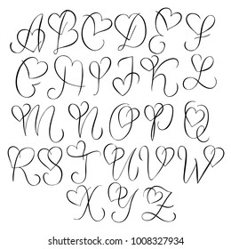 Hand drawn alphabet - calligraphy letters with heart curls