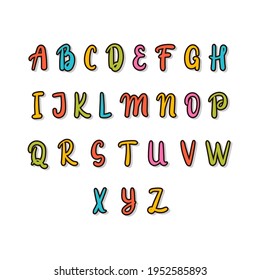 Hand drawn alphabet. Colorful font. Cute elements for your design. Use it for create greeting cards, poster, birthday party, t-shirts, invitation. Vector illustration