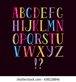 Hand drawn alphabet. Colorful playful alphabet. Hand lettering font.