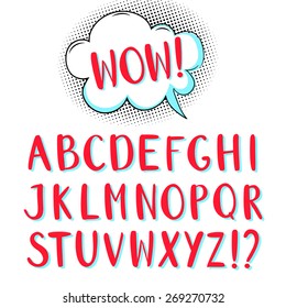 Hand drawn alphabet for comic design with speech bubble. Vector type. 