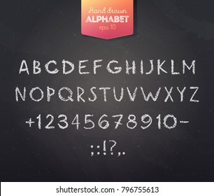 Hand drawn alphabet created with chalk and charcoal. Chalk ABC on black board.  Vector illustration.