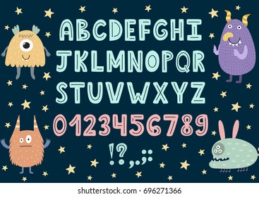 Hand drawn alphabet with cute monsters. Letters A to Z plus numbers. Vector illustration