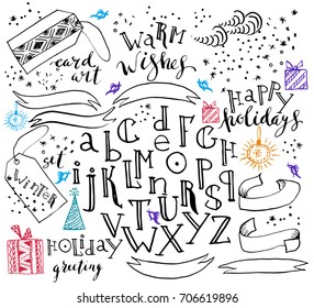 Hand drawn alphabet and decorative elements set. Letters, ribbons, birds, presents, snow for winter holiday cards, gift tags and background.