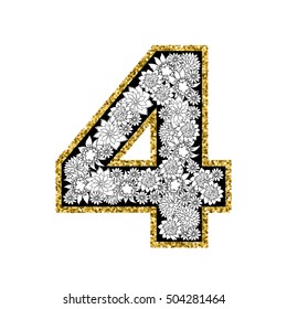 Hand drawn alphabet design. Digit 4. Gold glittering contour. Stipple effect. Vector EPS8 illustration.