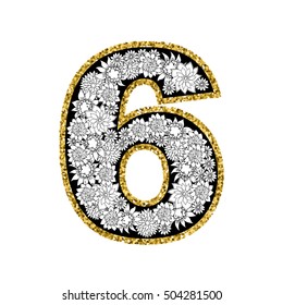Hand drawn alphabet design. Digit 6. Gold glittering contour. Stipple effect. Vector EPS8 illustration.