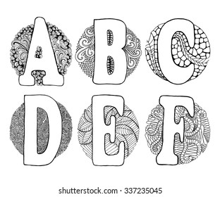 Hand drawn alphabet with doodle elements in a circle. Vector illustration. Fairy tale letters