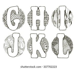 Hand drawn alphabet with doodle elements in a circle. Vector illustration. Fairy tale letters G, H, I, J, K, L.