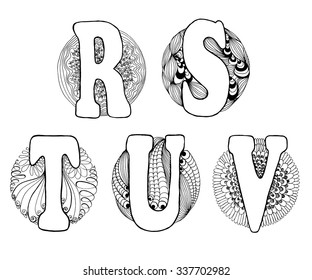 Hand drawn alphabet with doodle elements in a circle. Vector illustration. Fairy tale letters R, S,  T, U, V.