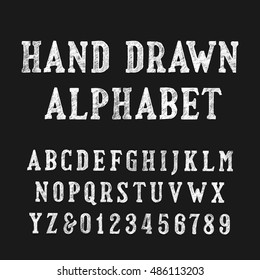 Hand Drawn Alphabet Font. Distressed Vintage Letters And Numbers On A Dark Background. Retro Vector Typeface For Your Design.