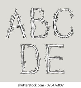 Hand drawn alphabet in the form of tree branches.Vector isolated format.
