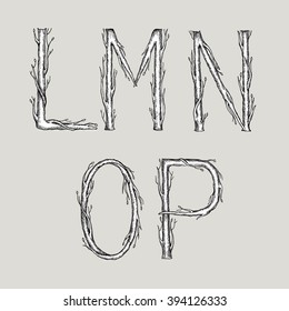 Hand drawn alphabet in the form of tree branches. Vector isolated format.